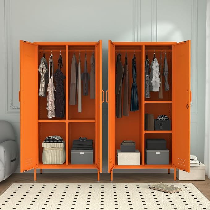 Industrial 67" Orange Lockable Metal 2-Door Storage Cabinet, Multi-Purpose Wardrobe with Hanging Rod & Adjustable Shelves, Heavy Duty for Bedroom, Garage, Home Office 67"H X 31.5"W X 18.1"D