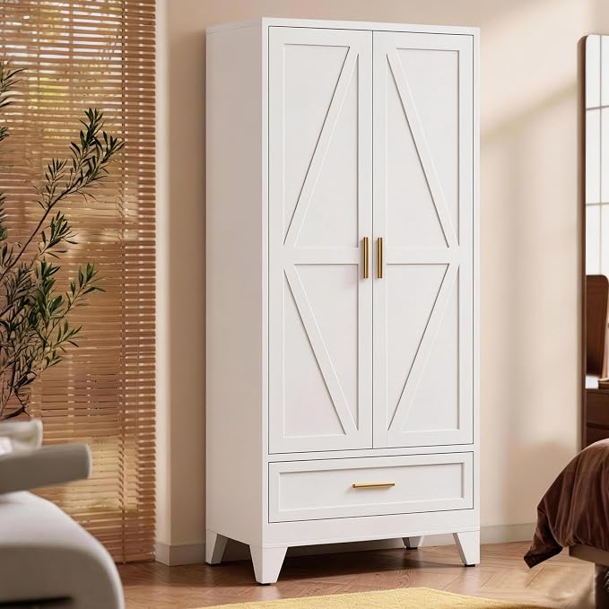 71" H White Closet,Armoire Wardrobe Closet,Metal Wardrobe Closet with Doors and Shelves,Large Wardrobe Closet for Bedroom