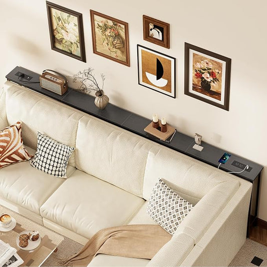 SUPERJARE 110.2 Inch Sofa Table with Power Outlets and USB-C Ports, 5.9 Inch Narrow Console Tables, Entryway Hallway Couch Tables with Storage, Behind Sofa, Small Spaces, Living Room, Black