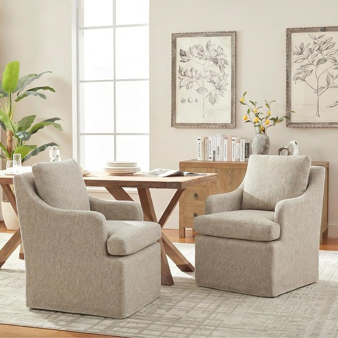 VKNOW Upholstered Dining Chairs Set of 4, Modern Kitchen Chairs Dinner Chairs with 4 Casters, Chenille Armchair for Bedroom Reading Room Living Room, Brown