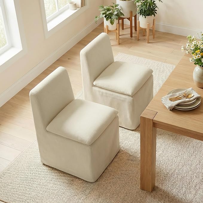 KISLOT Upholstered Dining Chairs Set of 4 with Casters, Modern Armless Kitchen Chairs with Removable Washable Cover, Chenille Velvet Fabric, Sturdy Metal & Wood Frame, 19.5" Seat Height, Sand