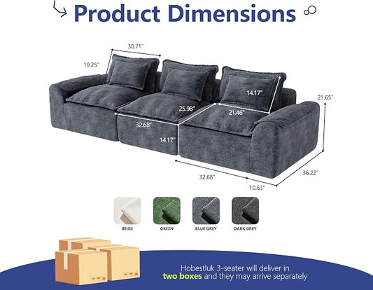 Hobestluk 120" Cloud Sectional Couch 3-Seater Sofa with Deep Seat Modular Sofa with Removable Cover Large Sofa Couch for Living Room (Blue Grey, 3-Seater Sofa)