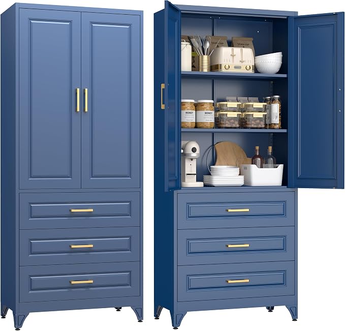 UNICOLY Pantry Kitchen Cabinet with Drawer, 75" Tall Metal Storage Cabinet, Pantry Storage Cabinets with Doors and Shelves, Large Freestanding Cupboard for Dining Room, Assembly Required, Blue