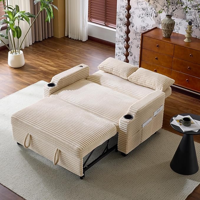 VINGLI Beige Futon Sofa Bed Convertible Loveseat Sleeper Sofa Couch, Corduroy Pullout Sofa Fold Out Couch Bed with USB Ports, Cup Holders, Armrest for Living Room, Bedroom Apartment Room