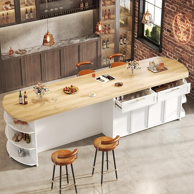 HSH 63” Large Kitchen Island with Storage & Seating, Modern Counter Height Island Table with 2 Drawers & Cabinets, 3 Oval Open Shelves, Stationary Island Prep Table for Kitchen Dining Room, Light Oak