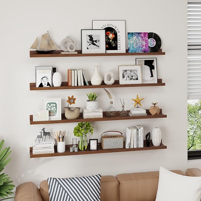 Axeman Picture Ledge Shelf | 48 Inch Walnut Floating Shelves Set of 4 | Rustic Wood Wall Shelves with Lip | 48" Walnut Picture Shelves for Wall with Ledge | Photo Shelves