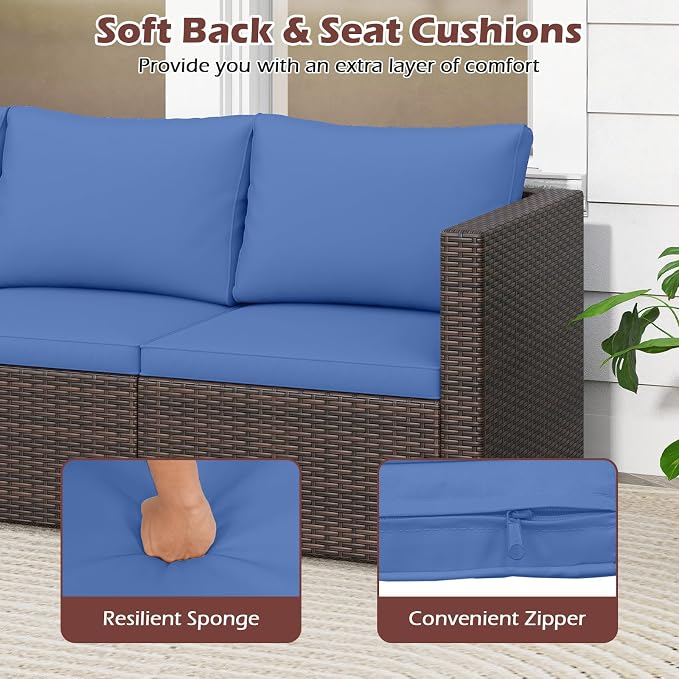 Tangkula 3 Seat Outdoor Wicker Sofa Set, Modular PE Rattan Patio Cushioned Sectional Couch Set, Outside Furniture Set for Deck, Backyard, Porch, Garden & Poolside (Brown-Navy)
