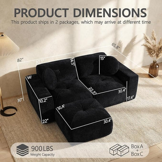 82" Modular Sectional Cloud Couch, L Shaped Sofa Boneless Couches with Movable Ottoman, 2 Deep Seat Modern Comfy Velvet Sofa for Living Room, Bedroom, Apartment (Black)