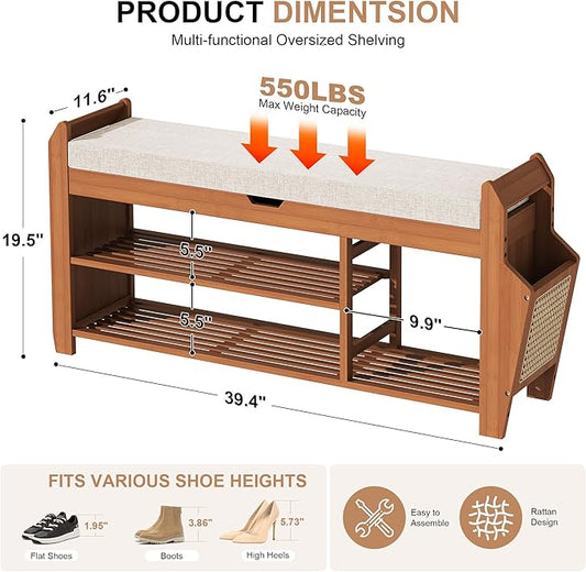 PETKABOO 39.4" Bamboo Shoe Rack Bench, 3-Tier Entryway Bench with Thick Cushion, Flip-Top & Side Storage, Holds Up to 550 LBS for Hallway, Living Room, Bedroom