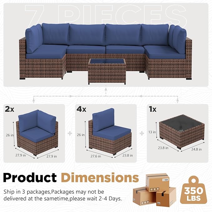 LHBcraft 7 Pieces Outdoor Wicker Rattan Patio Furniture, Wicker Rattan Outdoor Sectional Sofa Set with Coffee Table & Blue Cushions for Garden