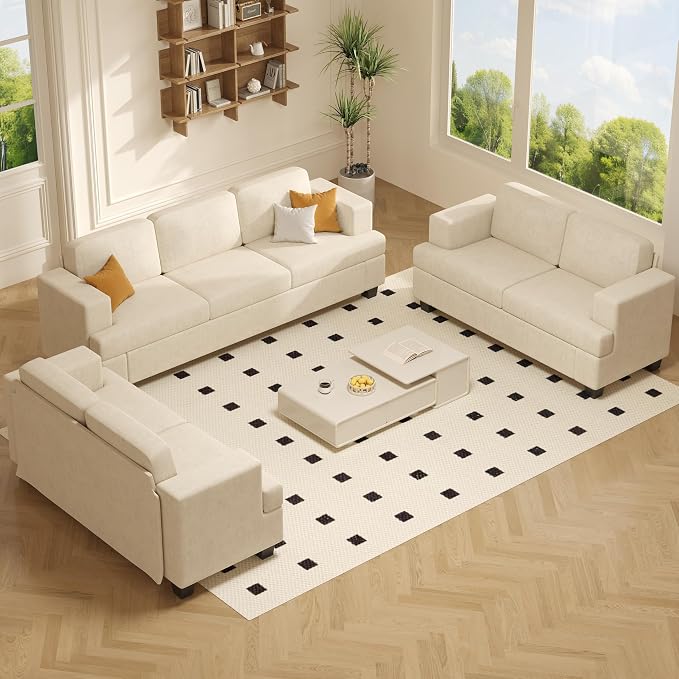 Apicizon Cloud Couches Living Room Furniture Sets, Loveseat Sofa Set of 2 & 3 Seater Sofa for Bedroom, Comfy Chenille Couch Sleeper Sofa for Apartment Lounge, White Chenille