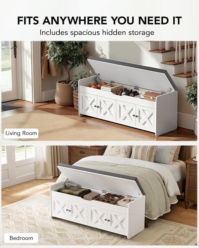 Amada Shoe Storage Bench, 47.2" Long Entryway Bench with Cushioned Seat & Lift Top Storage, 4 Doors, Adjustable Shelf, 300 lbs Capacity, Bench with Shoe Rack for Entryway, Bedroom, Living Room, White