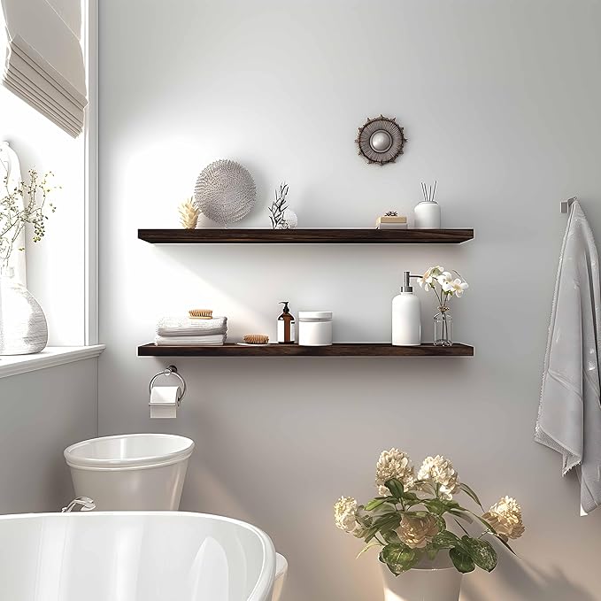 YYWUOJJ Wood Floating Shelves for Wall Decor, Rustic Wall Shelves for Bedroom Bathroom Kitchen Living Room, Set of 4 Walnut 36 Inch