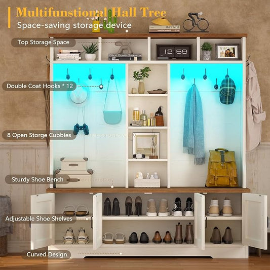 CSZZD Hall Tree with Bench and Shoe Storage, Farmhouse Entryway Bench with Coat Racks and Led Lights, Large Hall Tree with 12 Coat Hooks, 8 Storage Cubbies, Adjustable Shelf