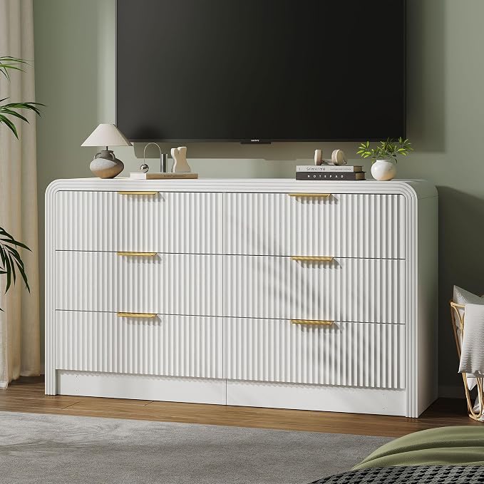 Decofy Fluted Drawers Dresser for Bedroom, Wood Dressers with Gold Handles, Modern Dressers with Wave Texture, Large Storage Chest of Drawers, Bedroom Dresser Organizer 55'' & 6 Drawers (Pure White)