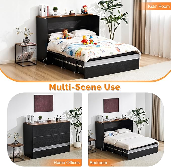 VINGLI Full Size Murphy Bed with Storage Drawer,Smart LED Lighting,Built-in 2 Charging Stations, Space-Saving Cabinet Bed for Kids,Adults & Guests,Classic Black