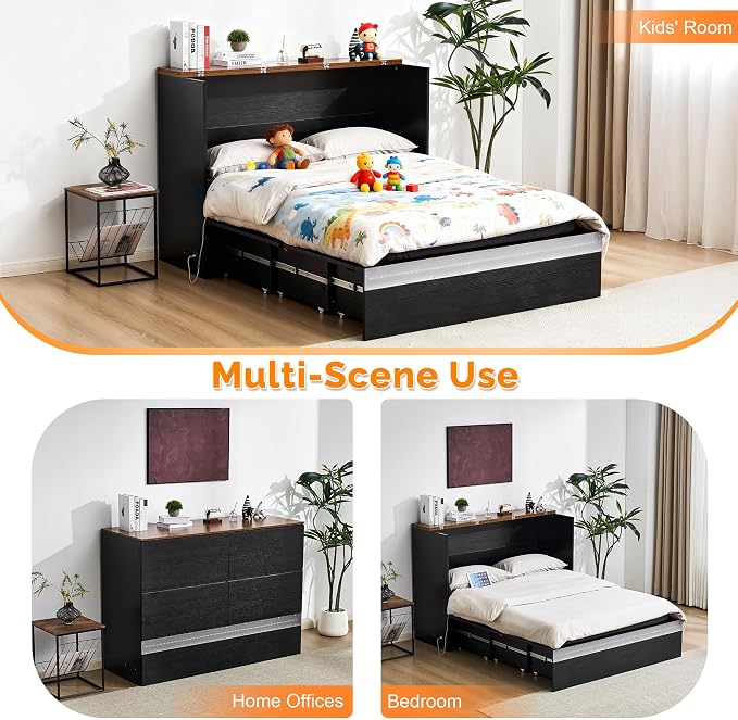 VINGLI Queen Size Murphy Bed with Storage Drawer,Smart LED Lighting,Built-in 2 Charging Stations, Space-Saving Cabinet Bedfor Kids,Adults & Guests,Classic Black