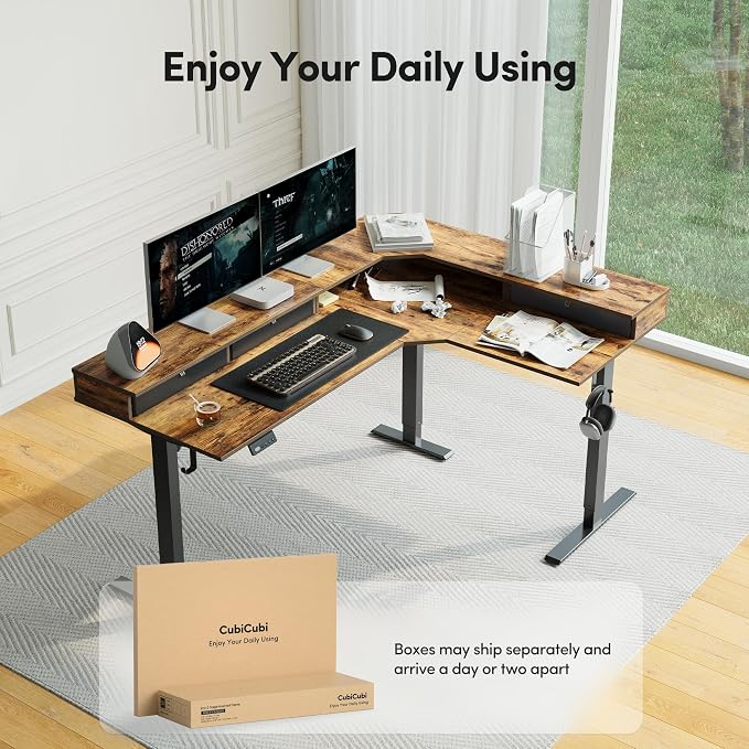 CubiCubi 63x48 Inches L Shaped Standing Desk with 3 Drawers and Monitor Shelf, Height Adjustable Corner Computer Desk with Hooks, Sit Stand Up Ergonomic Home Office Workstation Table, Rustic Brown