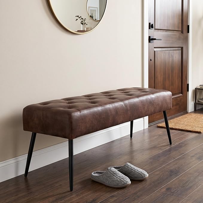 DUHOME Button-Tufted Ottoman Bench, Upholstered Bedroom Benches Footrest Stool Dining Bench Leather Accent Bench for Entryway Dining Room Living Room Bedroom End of Bed, Dark Brown