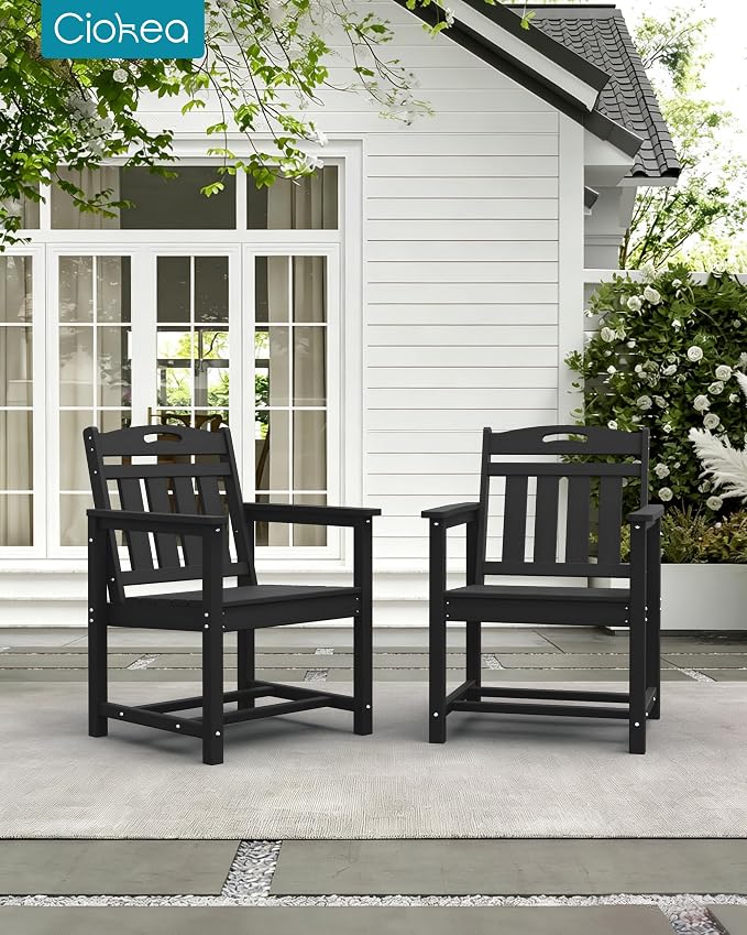 Ciokea HDPE Outdoor Patio Dining Chairs Set of 2, All-Weather Porch Chair with Wide Seat, Durable Outdoor Furniture for Backyard, Garden, Lawn & Poolside, Black
