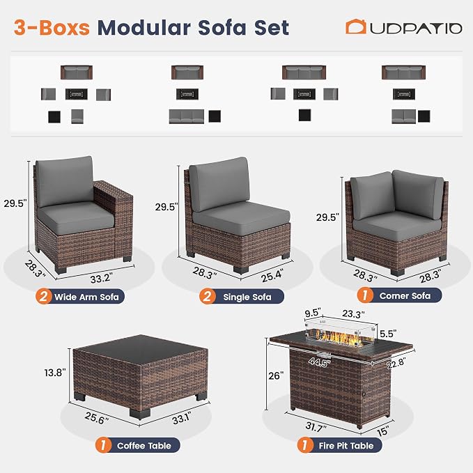 UDPATIO Patio Furniture Set with Fire Pit Table, 8 Inch Armrest 7 Piece Outdoor Sectional Sofas, All-Weather Wicker Conversation for Garden, Backyard, Brown/Dark Grey