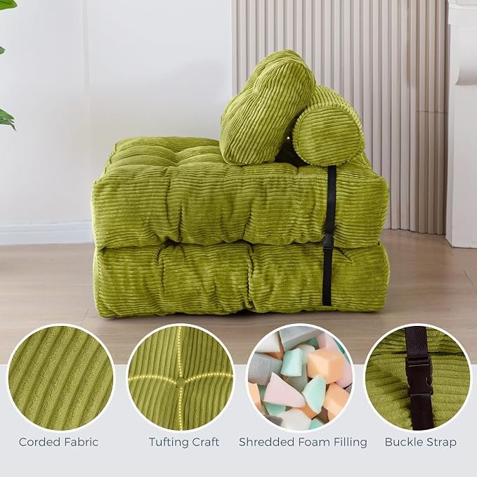 MAXYOYO Folding Sofa Bed, Convertible Chair with Pillow Foldable Couch with Back Support, Portable Fold Out Chair Bed Comfy Floor Sofa Lounge for Living Room Bedroom, Beige, Green