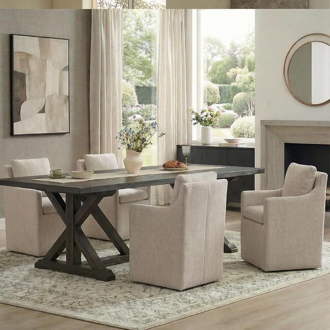 KISLOT Upholstered Dining Chairs with Casters, No Assembly Modern Accent Armchair with Rollers for Dining Room, Bedroom, Living Room, Reading Room, Already Assembled, Sand, 2 Box