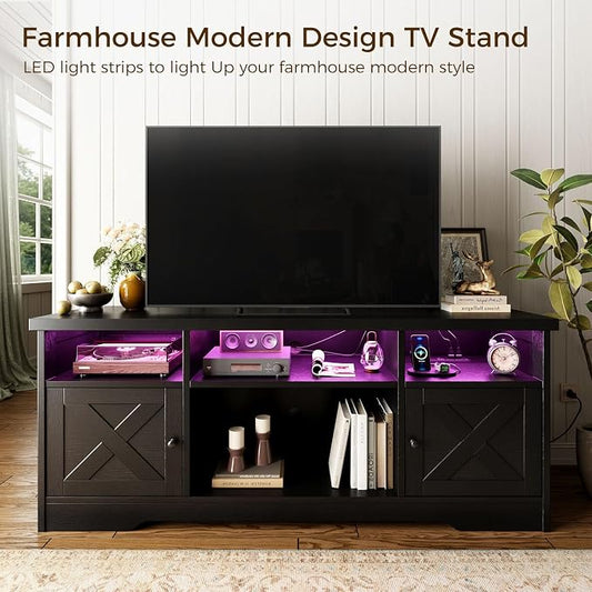 Casaottima TV Stand for 65 Inch TV, Farmhouse Entertainment Center with Power Outlet & LED Light and Storage Cabinets, Console Table and Media Furniture for Living Room Bedroom, Black