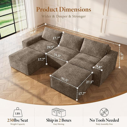 Vesgantti 114" Boneless Modular Sectional Sofa, Modern U Shaped 5 Seater Couch with 2 Ottoman & Deep Seat, Convertible Chenille Cloud Couches for Living Room, No Assembly Required, Dark Brown