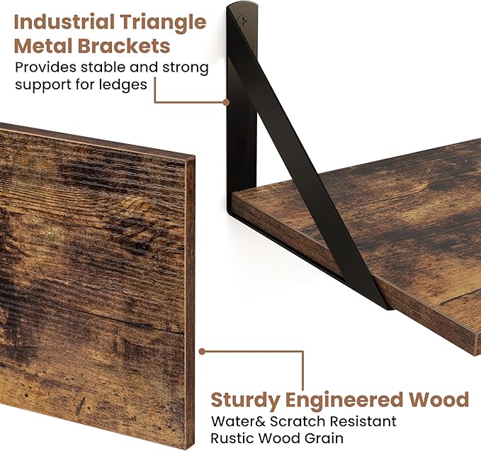 Axeman 24 Inch Floating Shelves | 8 Inch Deep Brown Wall Shelves Set of 2 | 24''W x 8''D Rustic Brown Wood Shelves for Bathroom Kitchen Living Room Bedroom Home Office