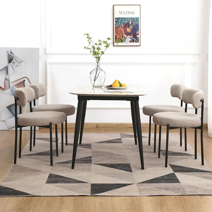 EDWELL Boucle Dining Chairs Set of 4, Modern Dining Room Chairs with Thick Cushions, Round Upholstered Kitchen Chairs with Black Metal Legs for Dining Room, Kitchen, Living Room, Grey