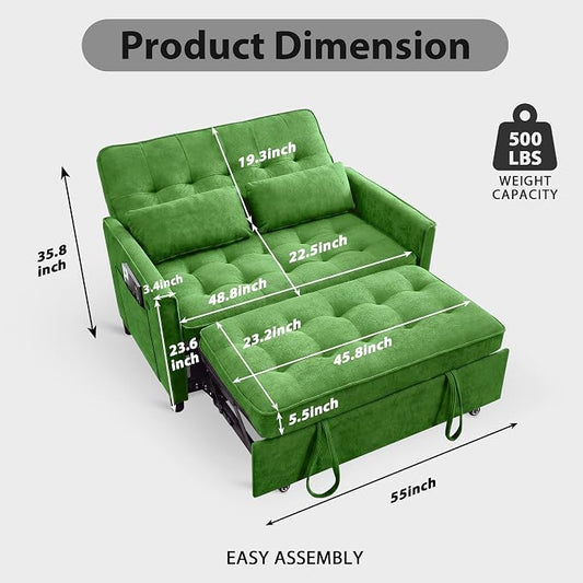 Convertible Sofa Bed, 3 in 1 Pull Out Couch, Loveseat Sleeper with Side Pocket, Sleeper Sofa with Adjustable Backrest | USB Charging Port | Two Pillows | Fabric | Light Green