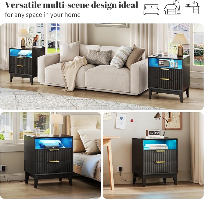 LVSOMT 20'W Fluted Nightstand Set of 2, Night Stand with Charging Station and LED Lights, RFID Lock Hidden Drawer, Mid Century Modern Bedside Table for Bedroom, 2 Drawers and Open Storage Cubby, Black