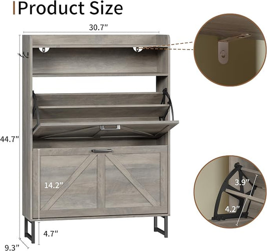 Shoe Cabinet with 2 Flip Drawers, Freestanding Hidden Shoe Storage Organizer for Entryway, Narrow Slim Shoe Rack Cabinet with Open Storage & Hooks for Front Door Entrance, Living Room, Hallway, Grey