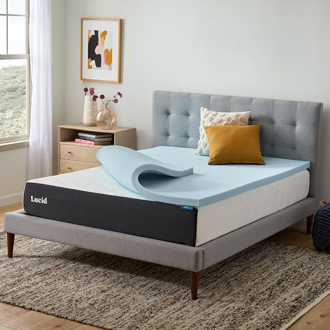 Lucid 2 Inch Memory Foam Mattress Topper, Full Size – Cooling Gel Bed Topper – Pressure-Relieving Plush Feel – Ventilated Breathable Design – CertiPur Certified - Dorm Essentials