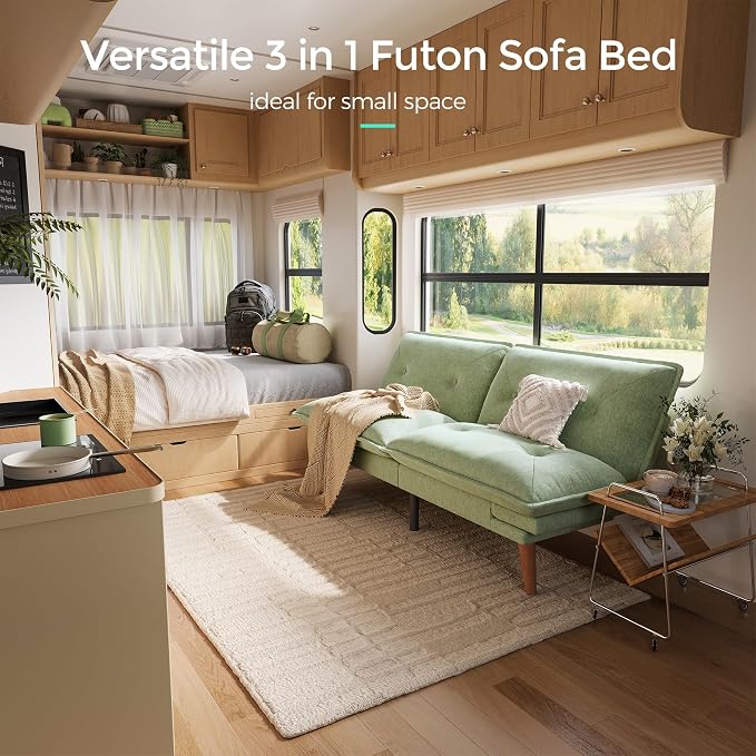 LINSY HOME Futon Sofa Bed, 70" Chenille Futon Couch with Adjustable Backrest Armrest, 3 in 1 Convertible Comfy Loveseat Sleeper Sofa Bed for Small Spaces Dorm Room Apartment Home Office, Light Green
