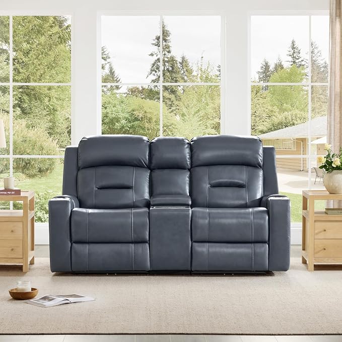 Watson & Whitely Genuine Leather Power Loveseat Recliner Sofa, Lay Flat Reclining Sofa with Console, Power Headrest, Cup Holders & Wireless Charging, Dual Recliner for Living Room, Navy Blue