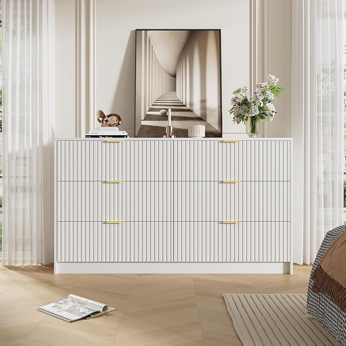 Furniway White Dresser Bedroom Set 3 Pieces, Nightstands Sets of 2, 6 Drawer Dresser with Gold Handles for Bedroom