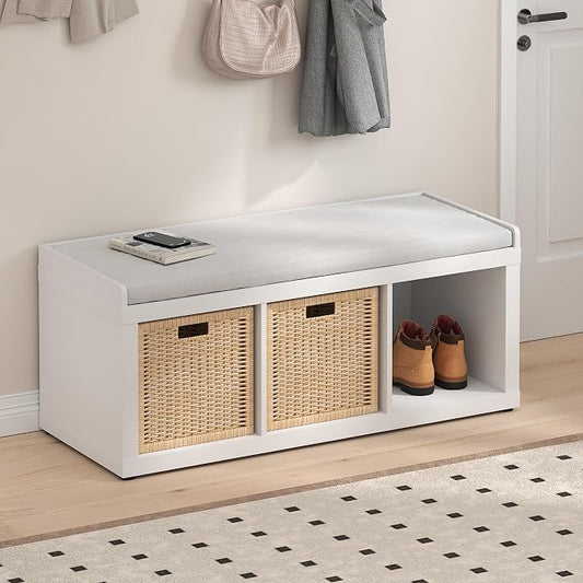 Furinno Cubicle Storage Bench, Shoe Bench with Padded Seat Cushion, 3-Cube Open Shelves Entryway Bench, for Closet, Entryway, Living Room, White