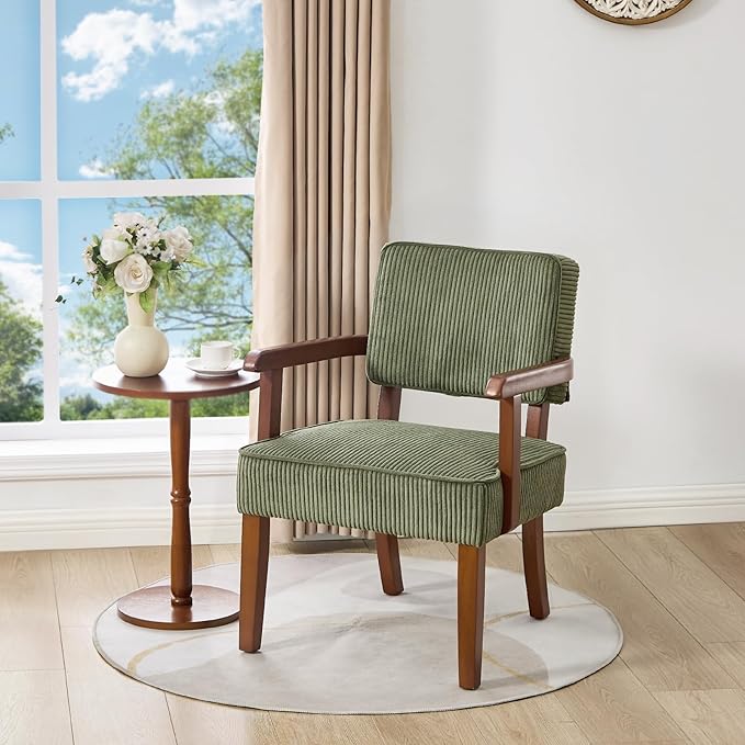 FAGAGA Corduroy Accent Chair Set of 2 with Table, Mid Century Modern Armchairs with Solid Wood Frame, Oversized Reading Leisure Chair for Living Room, Bedroom (Corduroy Green, Set of 2 with Table)