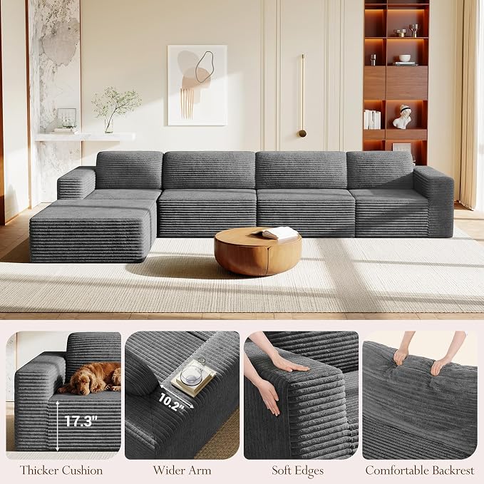 Vesgantti 159" Large Modular Sectional Sofa, L-Shaped Corduroy Cloud Couch with Deep Seats & Spring Support, 4-Seater Boneless Sofa with Movable Ottoman, No Assembly Needed, Grey