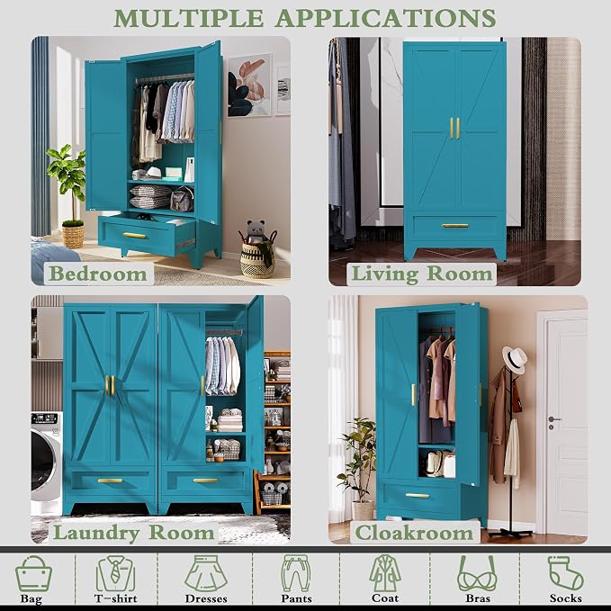 71" Tall Metal Armoire Wardrobe Closet,17.7" Deep By 31.5" Wide Portable Closet for Hanging Clothes,Wardrobe Cabinet with Drawer and Shelve for Bedroom Office Laundry Room,Blue 1 Pack