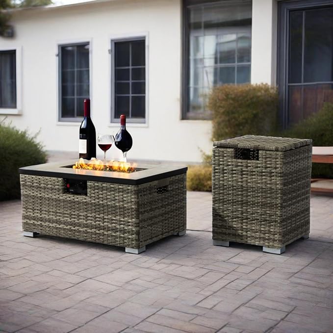 GDFStudio 32" Propane Fire Pit Table with Tank Holder, 50000 BTU Outdoor Gas Fire Table with Ceramic Top & Wicker Base, Steel Firepit with Lid & Cover for Patio Garden Backyard, 2-Piece Set, Beige