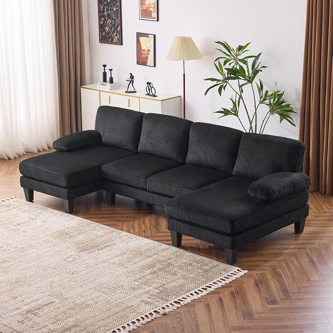 VINGLI 110" Sectional Couches for Living Room,U Shaped Couch with Double Chaise, 4-Seat Sofa Set with Corduroy Fabric for Home Furniture,Black