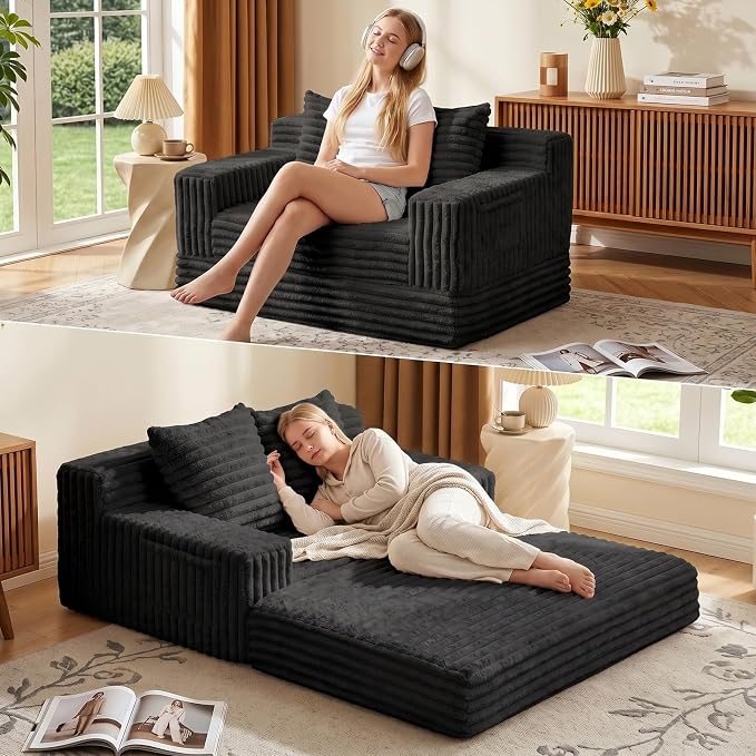 Erament Boneless Loveseat Convertible Sofa Bed, Folding Floor Futon Sleeper Sofa Couch Bed- Boneless Foldable Couch, Furry Pull Out Sofa Bed with 2 Pillows for Living Room & Bedroom