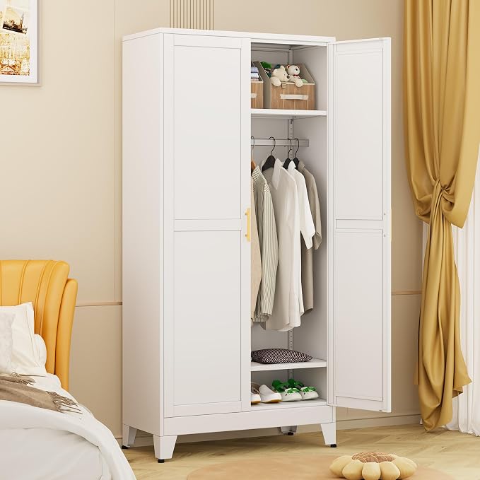 winiowa Metal Armoire Wardrobe Closet with 2 Doors, 71" Wardrobe Cabinet with Adjustable Shelves and Hanging Rod, Clothing Storage Cabinet Closet for Bedroom-White