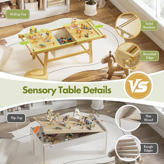 Kids Train Table with Storage, 5 in 1 Bamboo Activity Table for Building Blocks, Wooden Play Desk for Toddlers Ages 3-10, Multi-Functional Kids Table for Art, Drawing, Learning and Dining