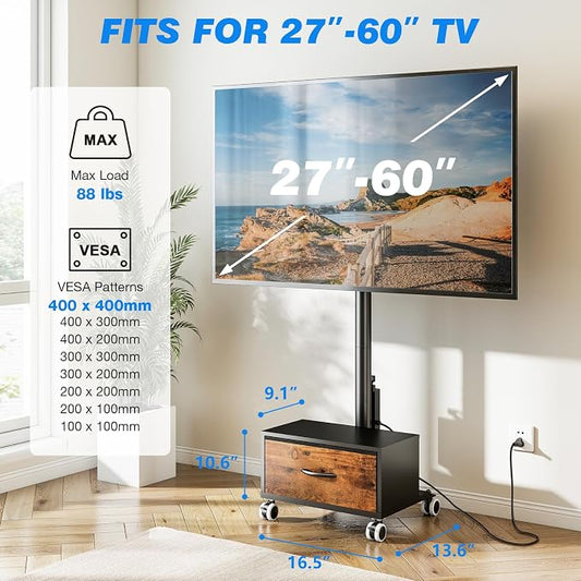 Rfiver Rolling TV Stand with Power Outlet and Drawer for 32-60 Inch TVs, Swivel Mobile TV Cart with Wheels, 6-Level Height Adjustable Floor TV Mount up to 88lbs, Max VESA 400x400mm