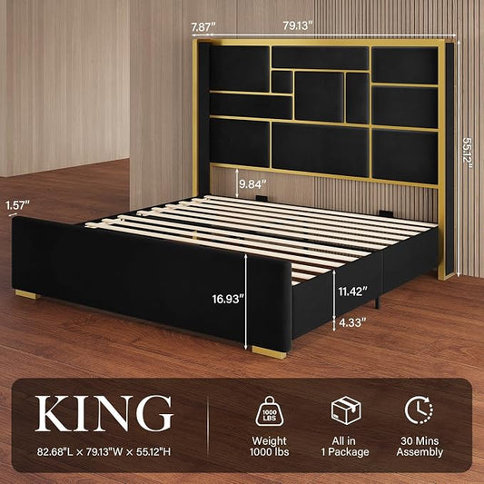 King Size Bed Frame with 55.12" Tall Headboard, Modern Luxury Velvet Upholstered Platform Bed with Gold Trim, Wide Wingback Design, Noise-Free, Easy Assembly, No Box Spring Needed, Black