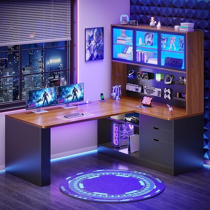 SEDETA L Shaped Office Desk, Computer Desk with 3 Wood Drawer and Large Bookshelf, L Shaped Corner Gaming Desk with LED Light, Display Cabinet and Pegboard, 27.5" W Large Desktop Table, Brown